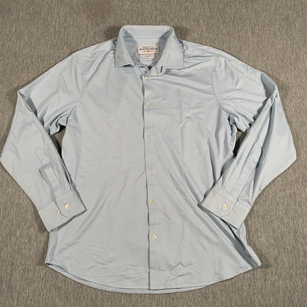 Mizzen+Main Dress Shirt Mens XL Blue White Check‎ Spinnaker Trim Fit Stretch